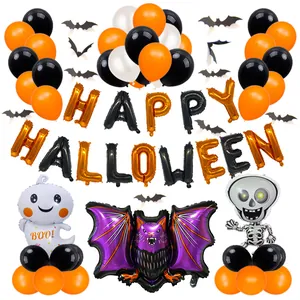 Halloween balloon set featuring Happy Halloween foil letters, ghost, and bat decorations