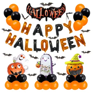 Halloween balloon set with Happy Halloween letters, bat, ghost, and pumpkin decorations