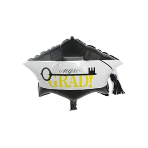 Ballon en aluminium en forme de toque de diplômé noir et or avec texte Congrats GRAD