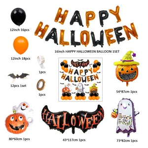 Halloween party kit including latex balloons, foil pumpkin, bat stickers and banner pieces