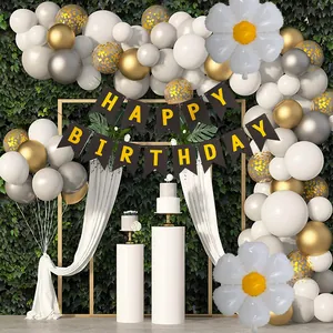 Daisy Balloon Arch Kit With Happy Birthday Banner Latex Gold Silver White Confetti Balloons For Birthday Wedding Party Decoration