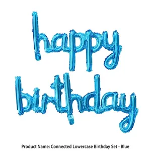 Detail of blue metallic cursive Happy Birthday script balloon with shiny foil texture