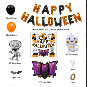 Detailed view of Halloween balloon set including ghost skull bat balloons and small stickers