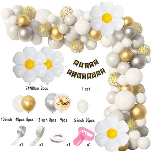 Daisy balloon arch kit with white, gold balloons and Happy Birthday banner for party decor
