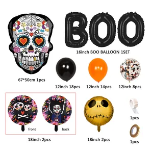 Halloween Party Ballon-Set mit buntem Totenkopf und schwarzen BOO-Buchstaben