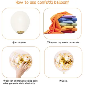 Guide for gold confetti balloons showing inflating, rubbing for static, and final decorative look