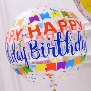 22 inch transparent 4D balloon with Happy Birthday print and colorful flag patterns