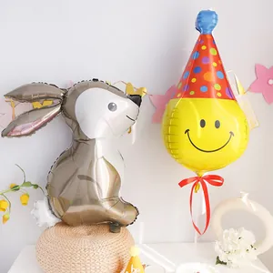 3D rabbit and yellow smiley face foil balloons with party hat for birthday decoration