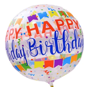 22 inch 4D printed transparent Bobo balloon with colorful Happy Birthday greeting