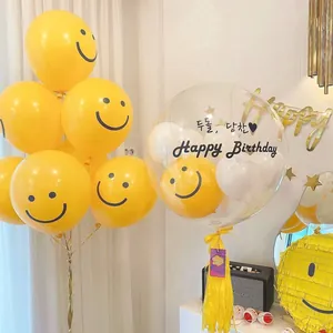 Yellow smiley face latex balloon set with transparent happy birthday bubble balloon decor