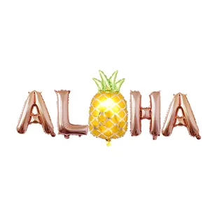 ALOHA rose gold foil balloon set with a pineapple shaped balloon for Hawaii party decor