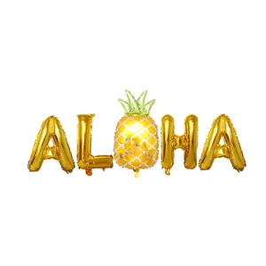 Detail of ALOHA gold foil balloons set with pineapple shape for tropical party decoration