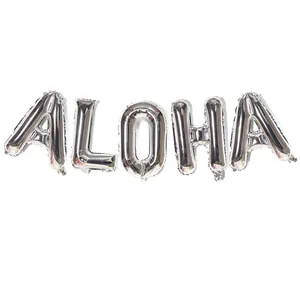 16-inch silver ALOHA foil balloons set for tropical Hawaiian fruit party decorations