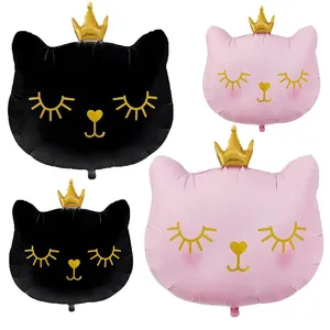 Palloncino in Pellicola di Alluminio a Forma di Gatto con Corona Rosa Nero Oro Cartoon Palloncino Testa di Animale Decorazione per Festa