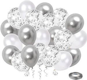 Close-up of silver metallic, matte white, and clear confetti balloons with decorative ribbon