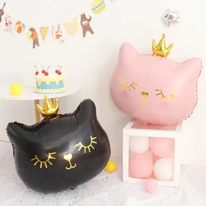 Palloncini a forma di gatto con corona rosa e nero per decorazioni di compleanno
