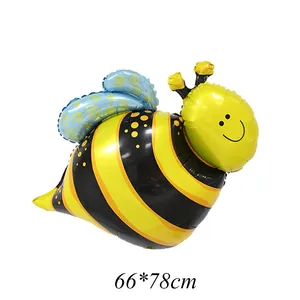 Detailed view of yellow and black bee foil balloon for birthday party decor, 66x78cm size