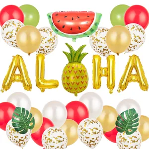 Collection de Ballons Décoration de Fête Tropicale Hawaïenne Or ALOHA Ananas Pastèque en Film d'Aluminium et Latex Avec Feuilles de Palmier pour Anniversaire