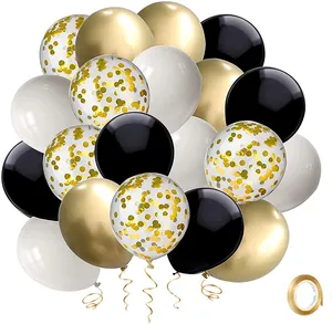 Detail view of 50pcs black and gold party balloons with confetti and ribbon for decor