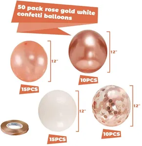 Detailed 50pcs rose gold and white 12-inch balloon set with confetti and ribbon
