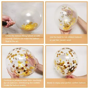 Guide for gold confetti balloons showing inflation and static friction steps for party decor