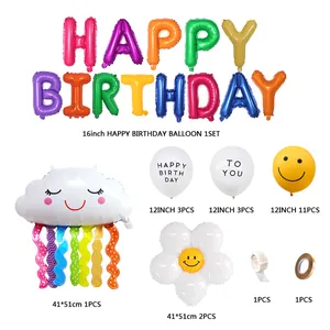 Smiley face birthday balloon set with rainbow cloud and daisy foil balloons for kids party