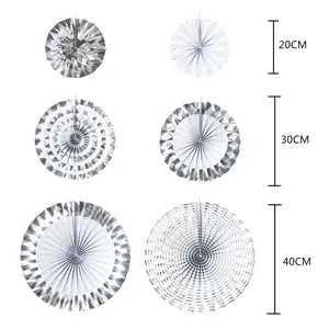 Set of 6 silver and white decorative paper fans in 20cm, 30cm, and 40cm for party decor