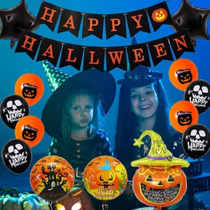 Set decorazioni festa Halloween con palloncini a zucca e striscione Happy Halloween