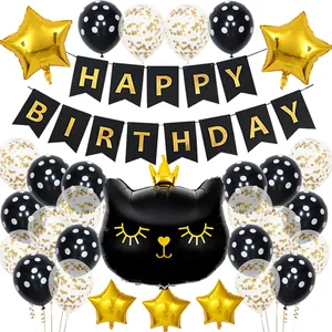 Ensemble de Ballons d'Anniversaire Chat à Couronne en Aluminium et Latex avec Confettis pour Décoration de Fête d'Enfants
