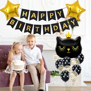 Kit de ballons chat couronne avec bannière Happy Birthday noire pour décor d'anniversaire