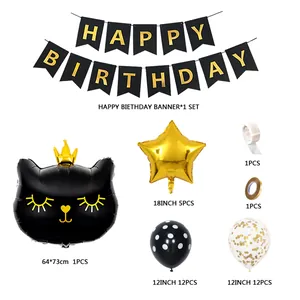 Kit de ballons chat couronne noir et or pour décorations d'anniversaire d'enfants