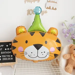 Cartoon Tiger Head Aluminum Foil Balloon With Birthday Hat Jungle Animal Foil Balloon For Kids Birthday Party Decoration
