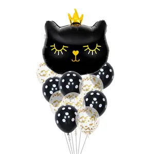 Kit de ballons chat avec couronne, pois noirs et ballons de confettis dorés