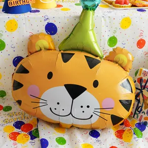 Cartoon tiger head foil balloon with green party hat for birthday party decoration