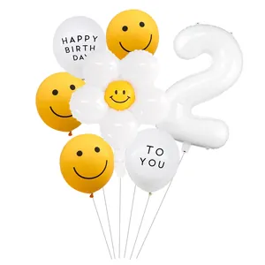 Kit de ballons marguerites avec grand chiffre 2 blanc et sourires pour fête d'anniversaire