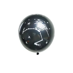 Detail of black Halloween balloon featuring a white dancing skeleton and stars pattern