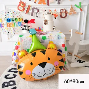 Tiger shaped foil balloon with party hat for birthday decoration, size 60x80cm