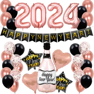 Kit de ballons Nouvel An 2024 avec chiffres or rose, ballons étoiles et bannière de fête