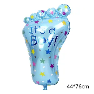 Blue baby foot foil balloon printed with It's a Boy for gender reveal parties, 44x76cm