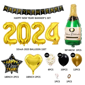 Kit ballons Nouvel An 2024 avec chiffres dorés 32 pouces, bouteille champagne et latex