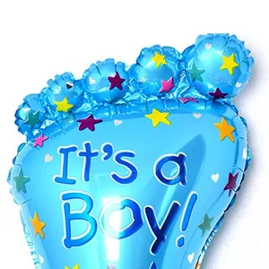 Blue baby foot foil balloon with stars and heart patterns for boy's gender reveal party