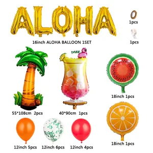 Hawaiian party balloon set with ALOHA gold letters, palm tree and tropical fruit shapes