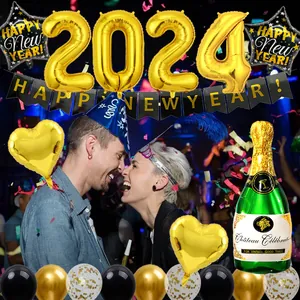 Kit de décoration Nouvel An 2024 avec ballons chiffres dorés et bouteille de champagne