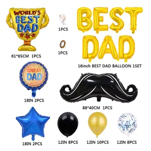 Father's Day gold balloon set with BEST DAD letters, trophy, and mustache foil balloons