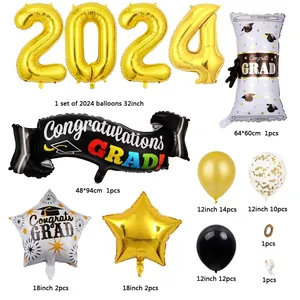 Kit de ballons de remise de diplôme 2024 avec chiffres dorés et décors de fête