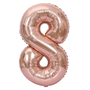 Detailed close-up of rose gold number 8 aluminum foil balloon for birthday party events