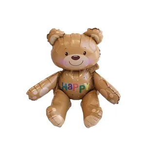 3D standing teddy bear foil balloon with Happy print for birthday party decorations
