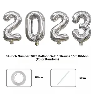 32-inch silver 2023 number aluminum foil balloon set with straw and 10m ribbon for New Year