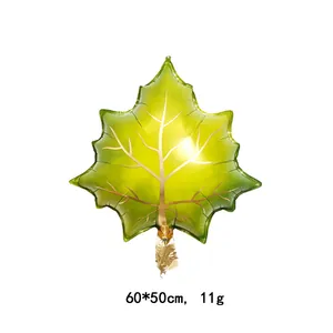 Green maple leaf foil balloon with golden veins for Thanksgiving decor, 60x50cm size