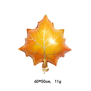 Maple leaf shaped foil balloon in orange gradient with gold veins, 60x50cm size
